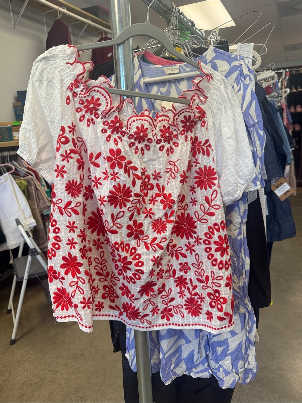 Impressions White off the shoulder Top with Red Floral Embroidery